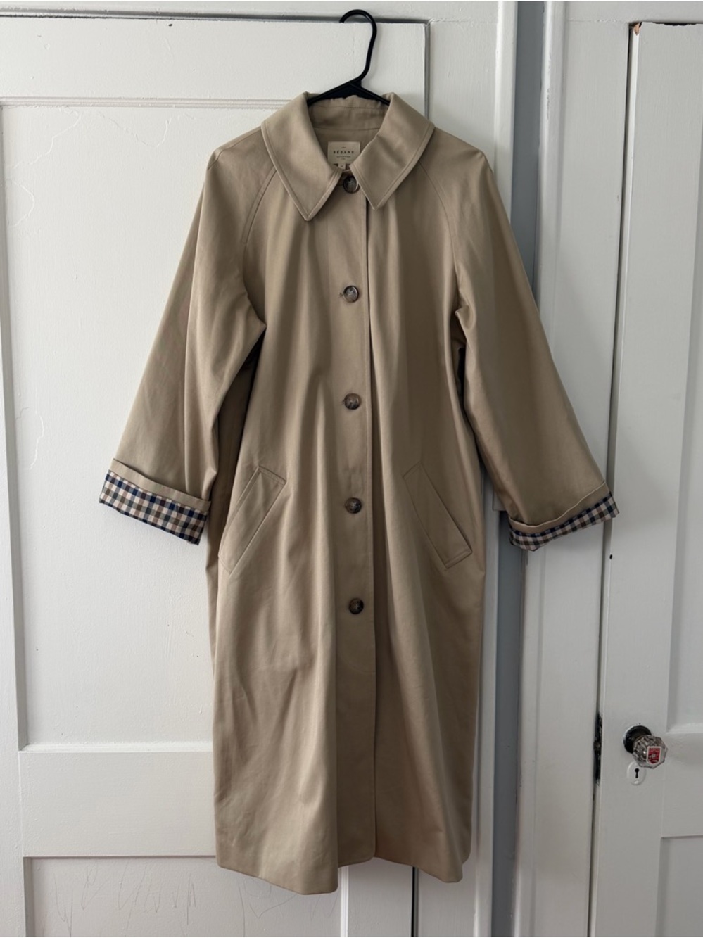 Sezane Beige Trench Coat with Checked Cuff Detail